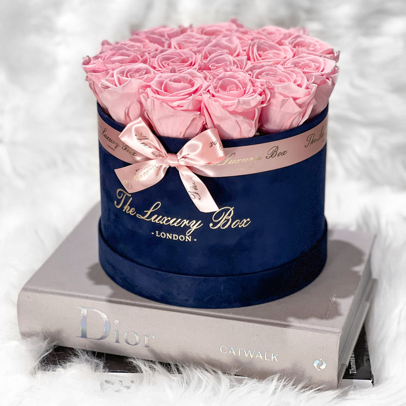 Pink infinity roses that last for years in navy box gift for her birthday anniversary and valentine's day