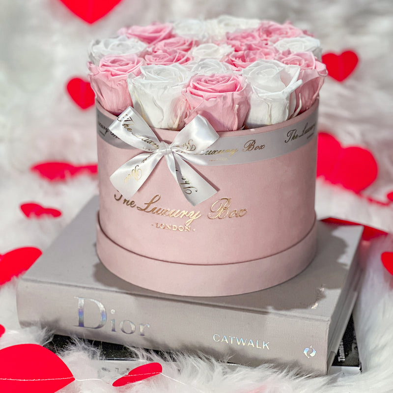 Pink and white infinity roses that last for years in navy box gift for her birthday anniversary and valentine's day