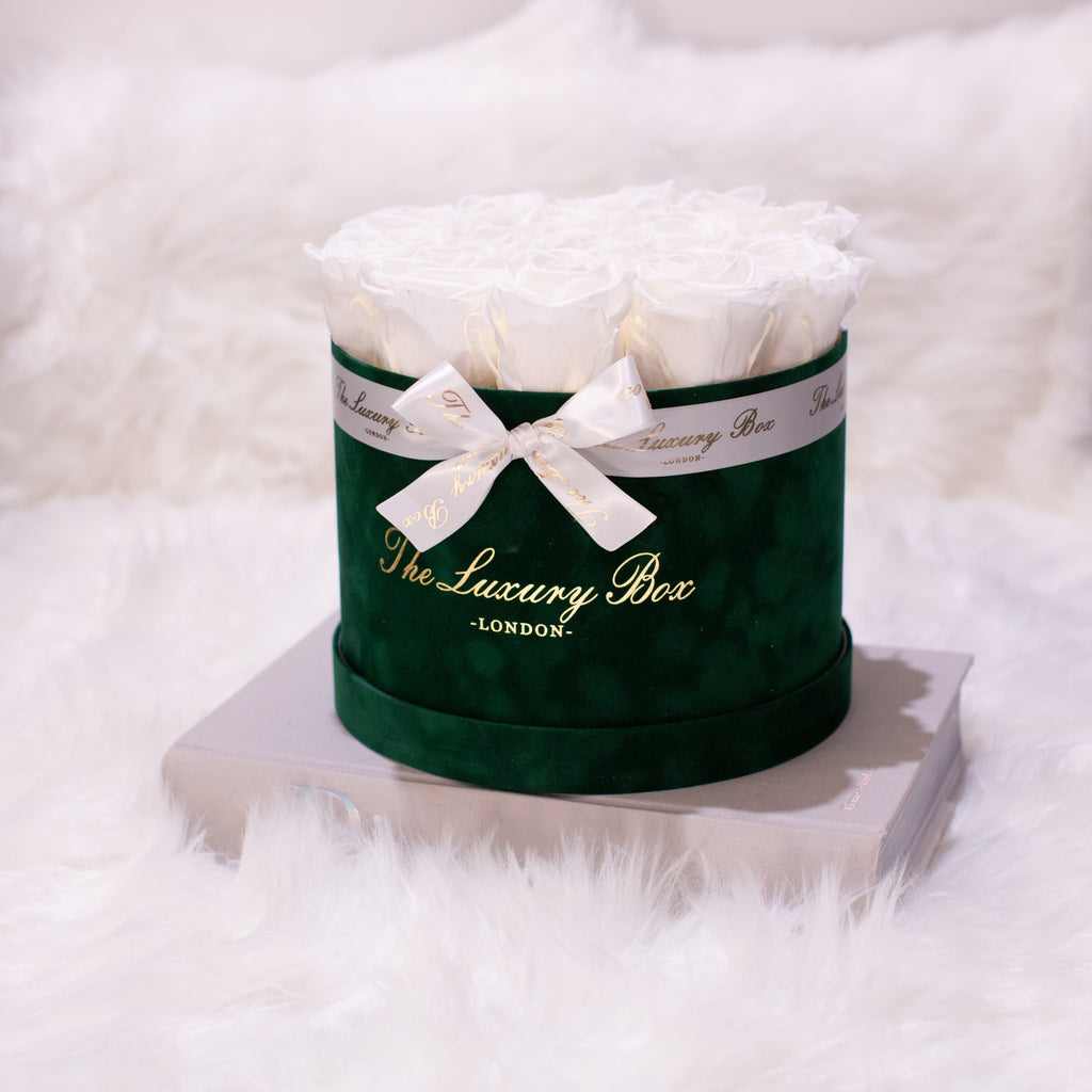 white eternity roses delivered in green box as gift for her birthday, anniversary, valentine's day