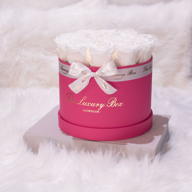 White Eternity Roses In Hot Pink Box | Infinity Roses - The Luxury Box USA