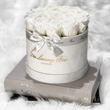 white preserved roses that last for years in white box gift for her birthday anniversary and valentine's day