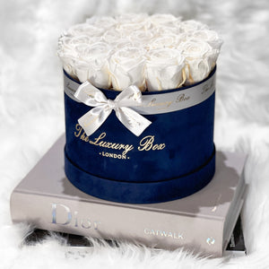 white preserved roses that last for years in navy box gift for her birthday anniversary and valentine's day