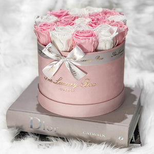 Pink and white preserved roses that last for years in navy box gift for her birthday anniversary and valentine's day