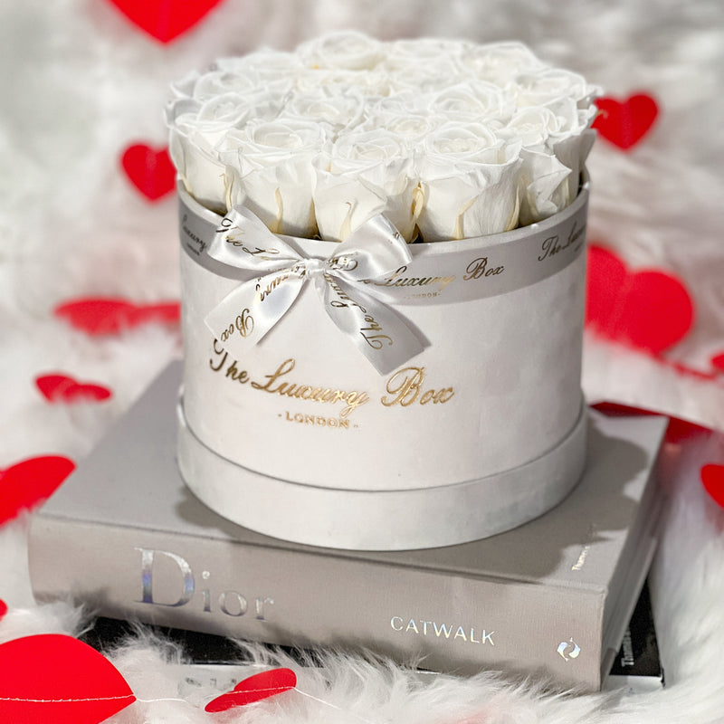 white infinity roses that last for years in navy box gift for her birthday anniversary and valentine's day