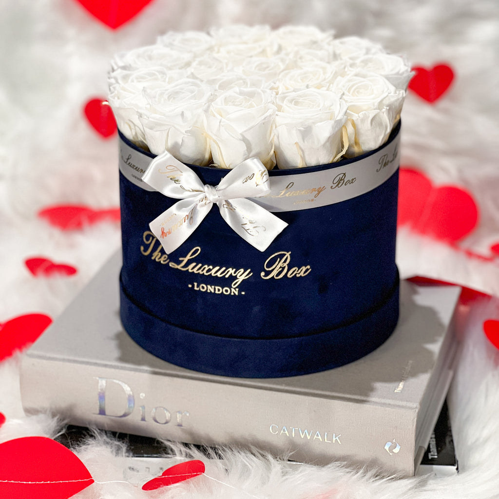 white preserved roses that last for years in navy box gift for her birthday anniversary and valentine's day