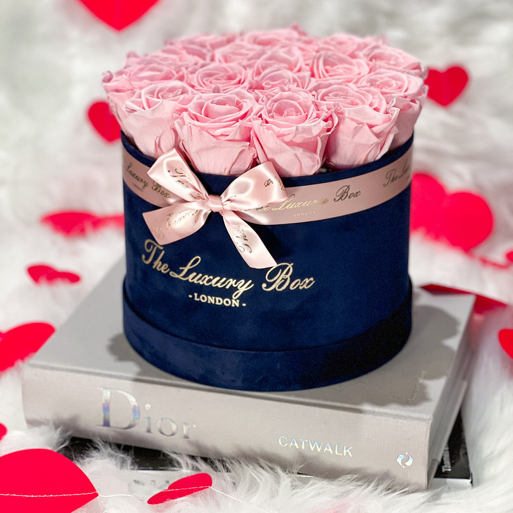 Pink infinity roses that last for years in navy box gift for her birthday anniversary and valentine's day