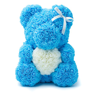 Baby Blue Rose Bear with White Heart 14 in. - Luxury Box London