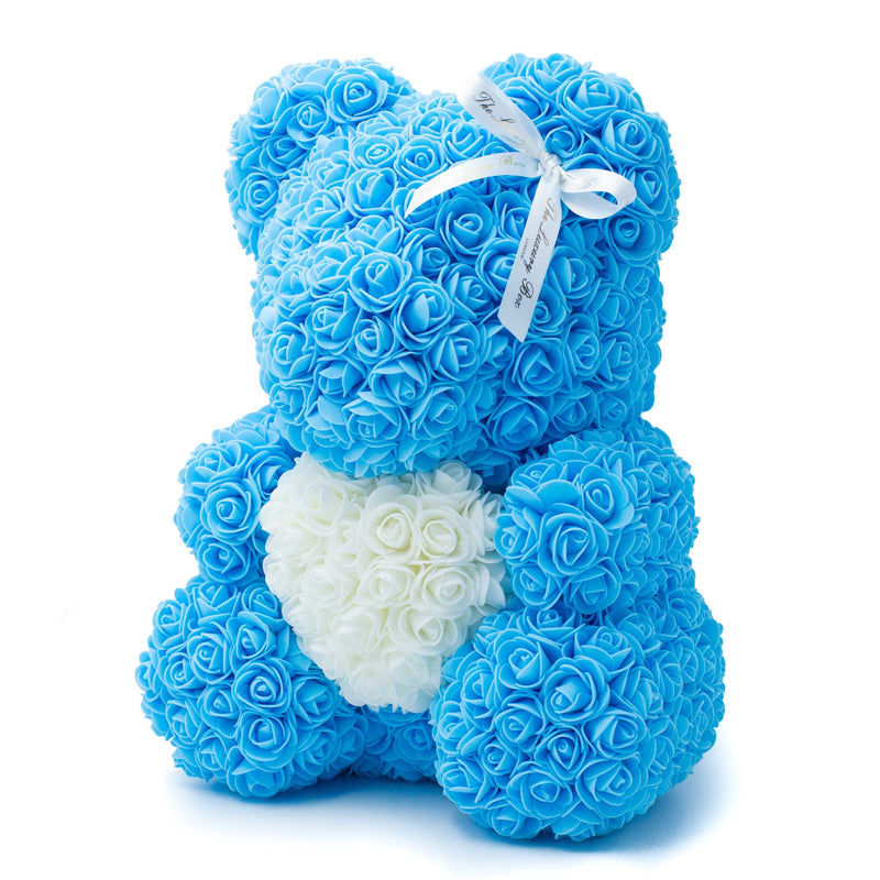 Baby Blue Rose Bear with White Heart 14 in. - Luxury Box London