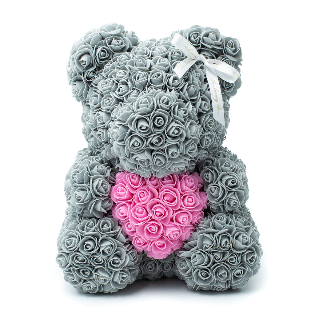 Grey Rose Bear with Pink Heart 14 in. - Luxury Box London