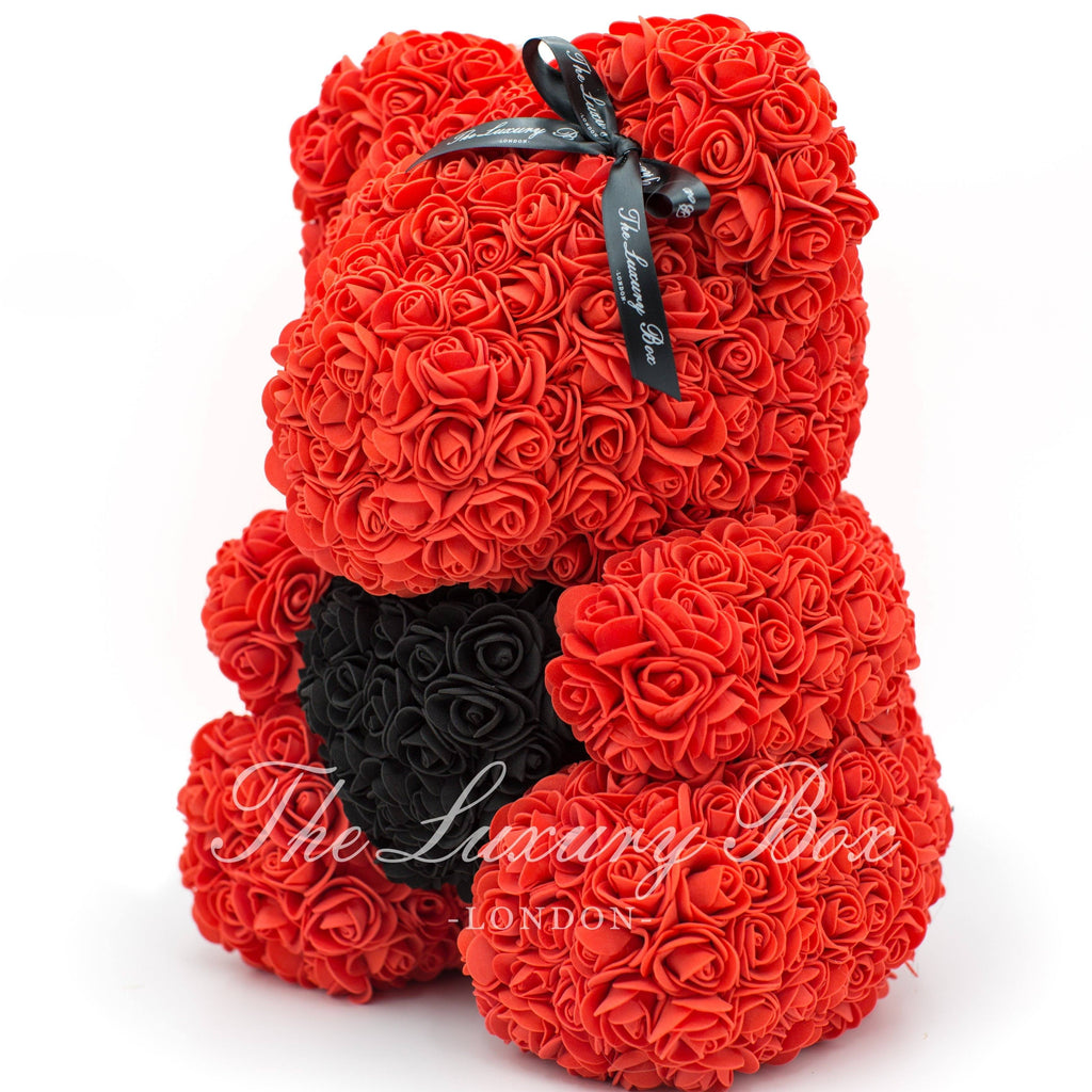 Red Rose Bear with Black Heart 14 in. - Luxury Box London