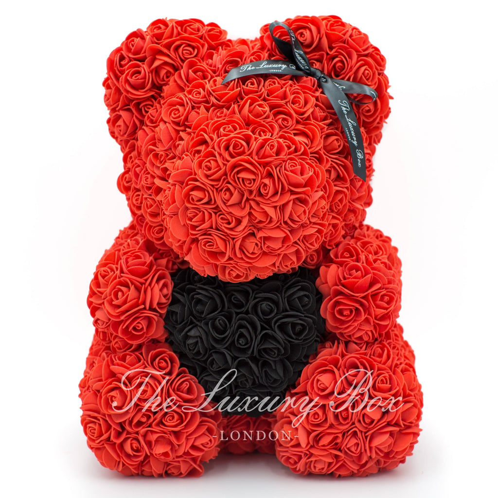 Red Rose Bear with Black Heart 14 in. - Luxury Box London